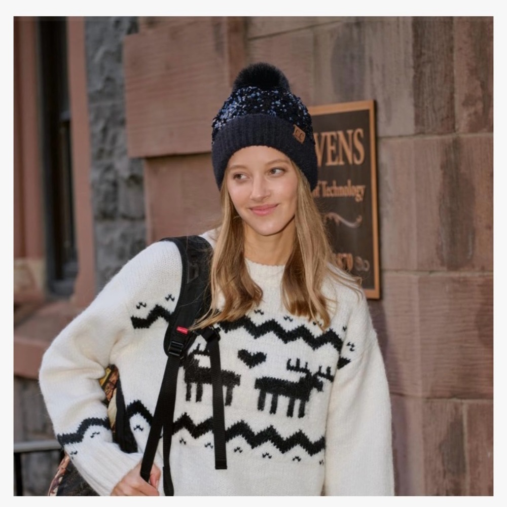C.C. Sequins Pom Beanie, black